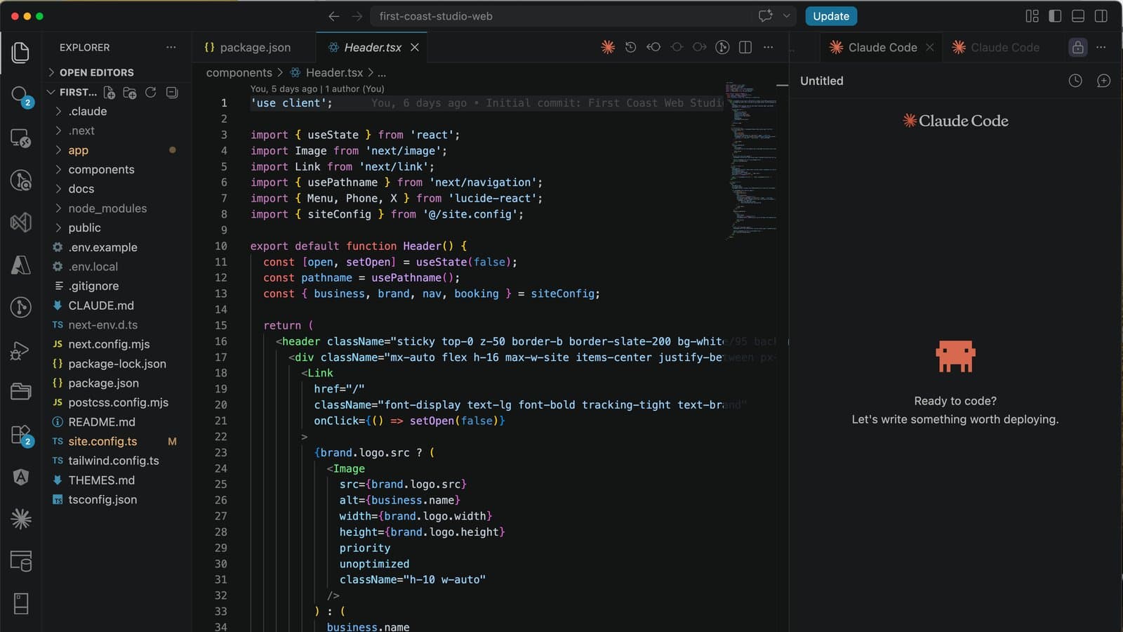 Real project code open in VS Code, with an AI coding assistant panel alongside the editor